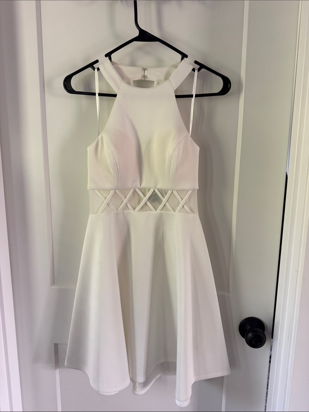 White Halter Fit-and-Flare Dress with Lattice Waist